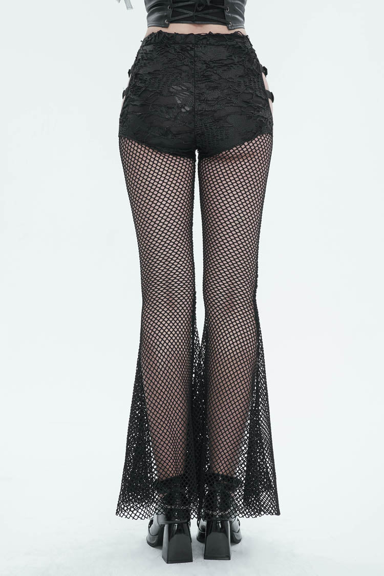 Black Stretch Knit Panel Mesh Cutout Flare Women's Gothic Trousers - Product - 4