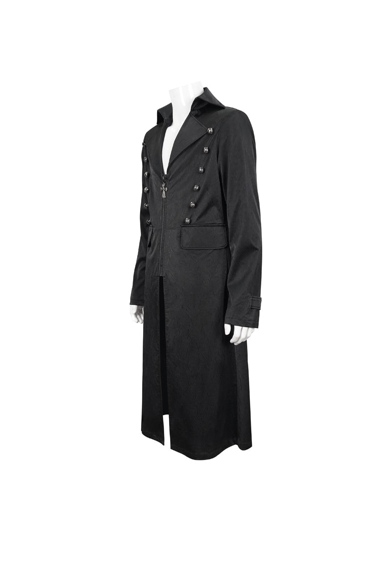Black Lapel Collar Double Breasted Metal Cross Zip Men's Gothic Long Coat - Product - 7