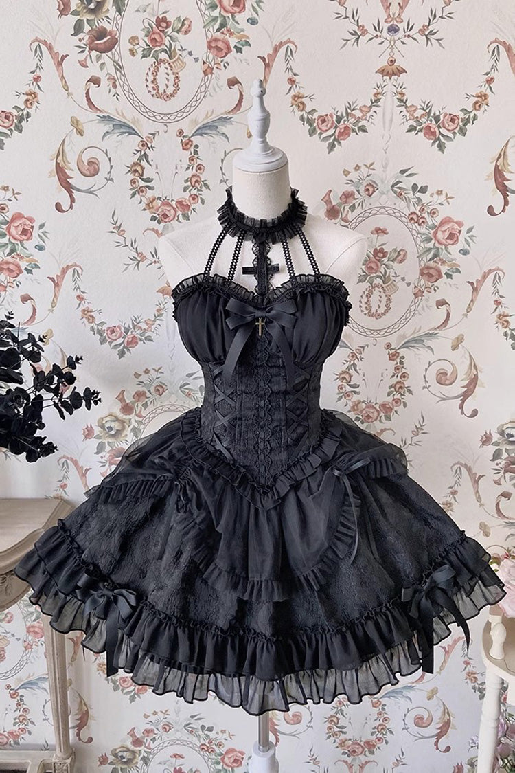 Dark Black Tube Top Sleeveless Blowknot Ruffled Gothic Lolita Tiered Dress - Black - 1