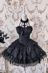 Dark Black Tube Top Sleeveless Blowknot Ruffled Gothic Lolita Tiered Dress - Black - 1
