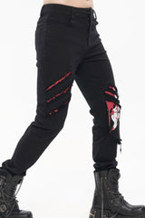 Black Punk Twill Ripped Leg-Bone Bleed Print Men's Pants - Product - 10