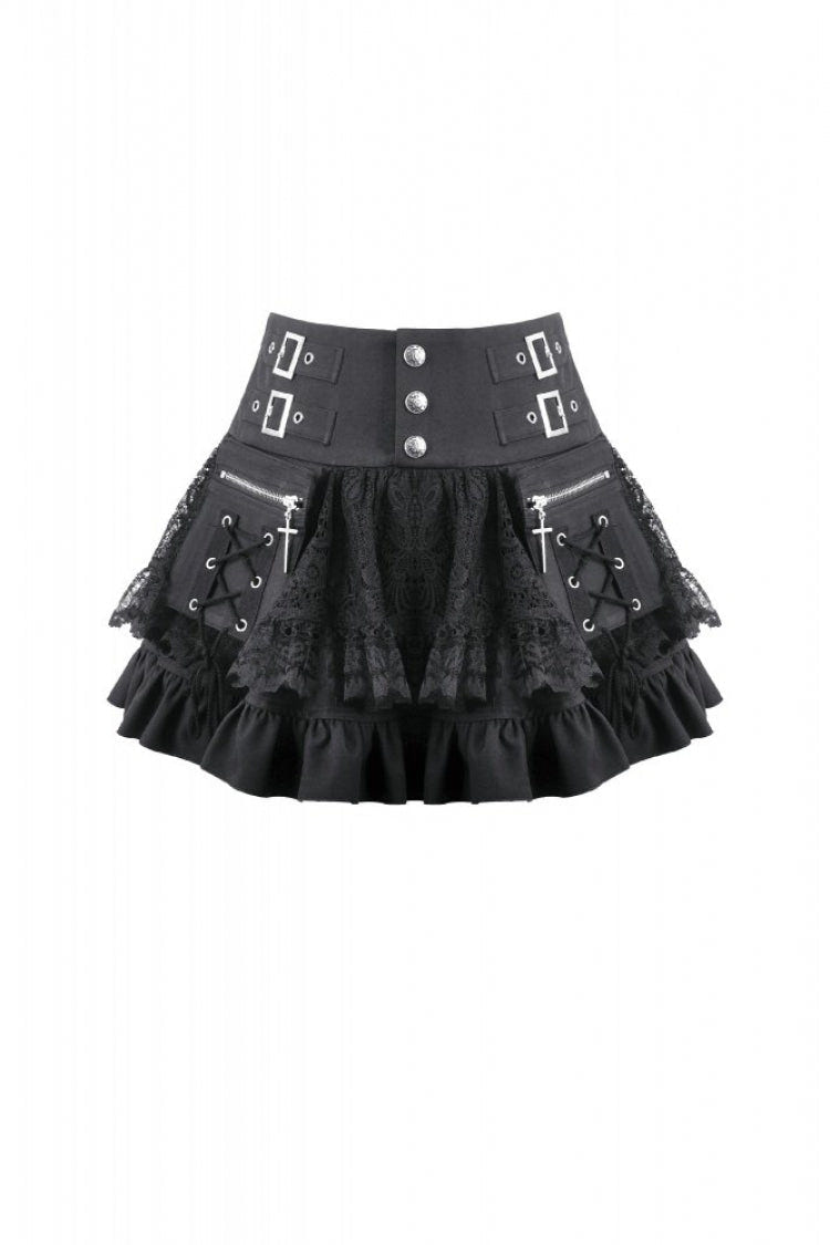 Black High Waisted Multi-Layered Ruffled Lace Patchwork Pocket Women's Punk Mini Skirt - Product - 3