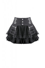 Black High Waisted Multi-Layered Ruffled Lace Patchwork Pocket Women's Punk Mini Skirt - Product - 3