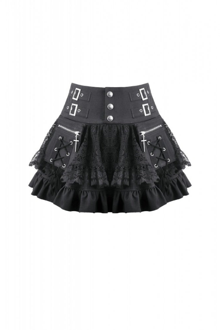 Black High Waisted Multi-Layered Ruffled Lace Patchwork Pocket Women's Punk Mini Skirt - Product - 3