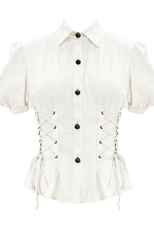 White Cotton Short Sleeves Slim Womens Punk Blouse - Product - 4