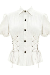 White Cotton Short Sleeves Slim Womens Punk Blouse - Product - 4