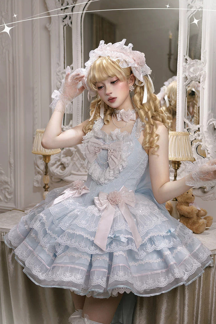 Blue [Crystal Isle] Square Collar Sleeveless Multi-Layered Jacquard Ruffled Bow Sweet Balletcore Lolita Tiered Dress - Blue - 1