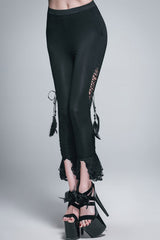 Black Side Hollow Out Lace Up Slit Lace Hem Gothic Womens Pants - Product - 2