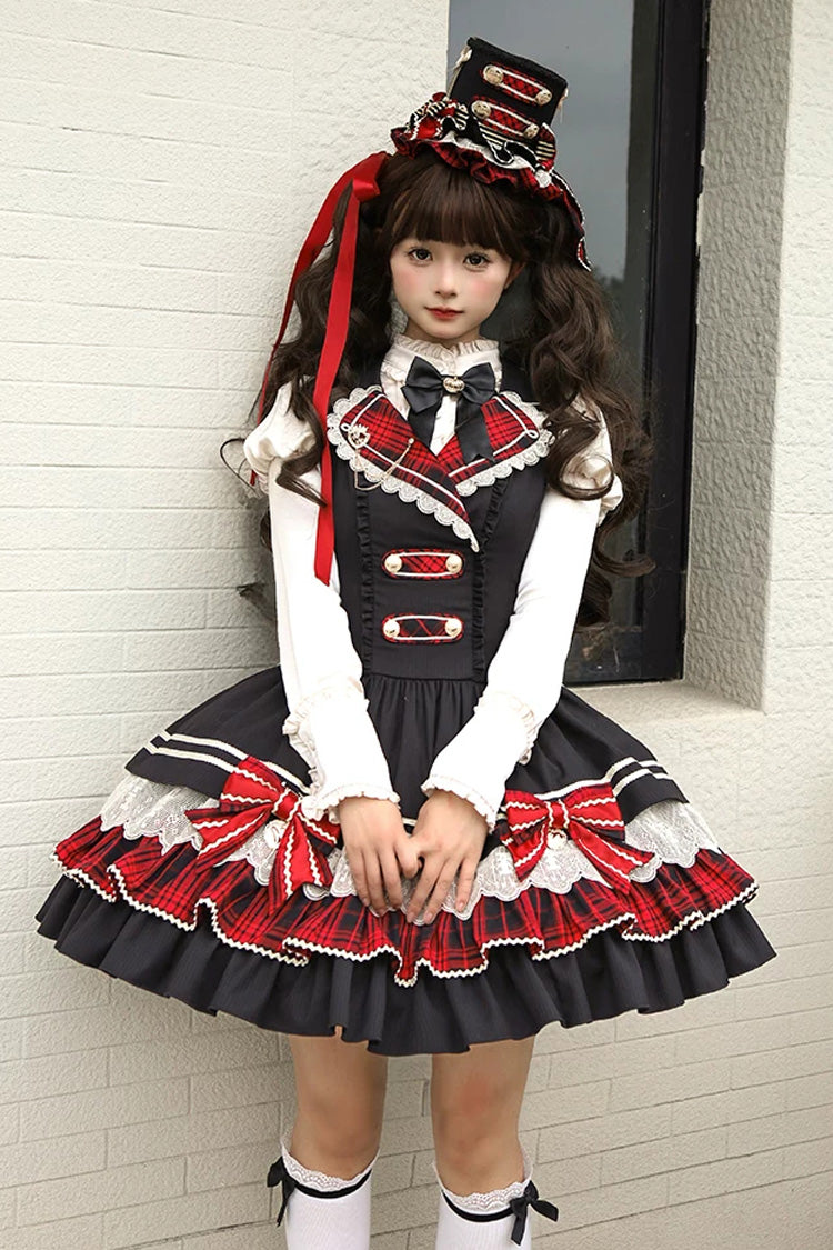 Black [Honor Guard Gala] V Collar Multi-Layered Printed Ruffled Bow Classic Gothic College Style Lolita Jsk Dress - Product - 8