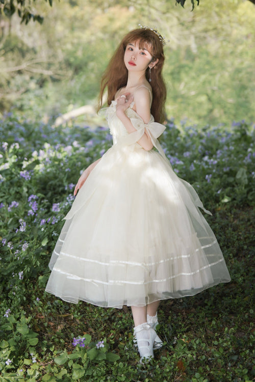 Beige Small Ballet High Waisted Bowknot Chiffon Long Version Sweet Lolita JSK Dress - Product - 9