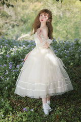 Beige Small Ballet High Waisted Bowknot Chiffon Long Version Sweet Lolita JSK Dress - Product - 9