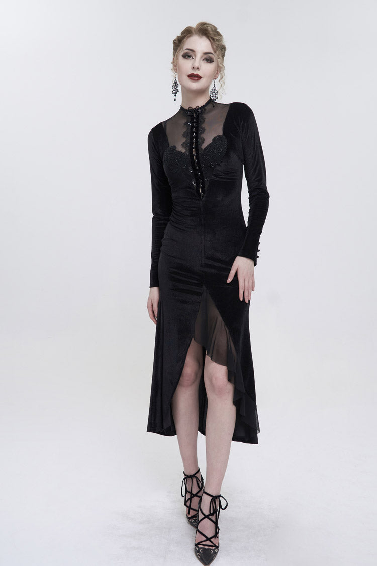 Black Small Stand Collar Cashew Paisley Lace On Chest Mesh Paneled Asymmetrical Hem Long Sleeve Women's Gothic Dress - Product - 2
