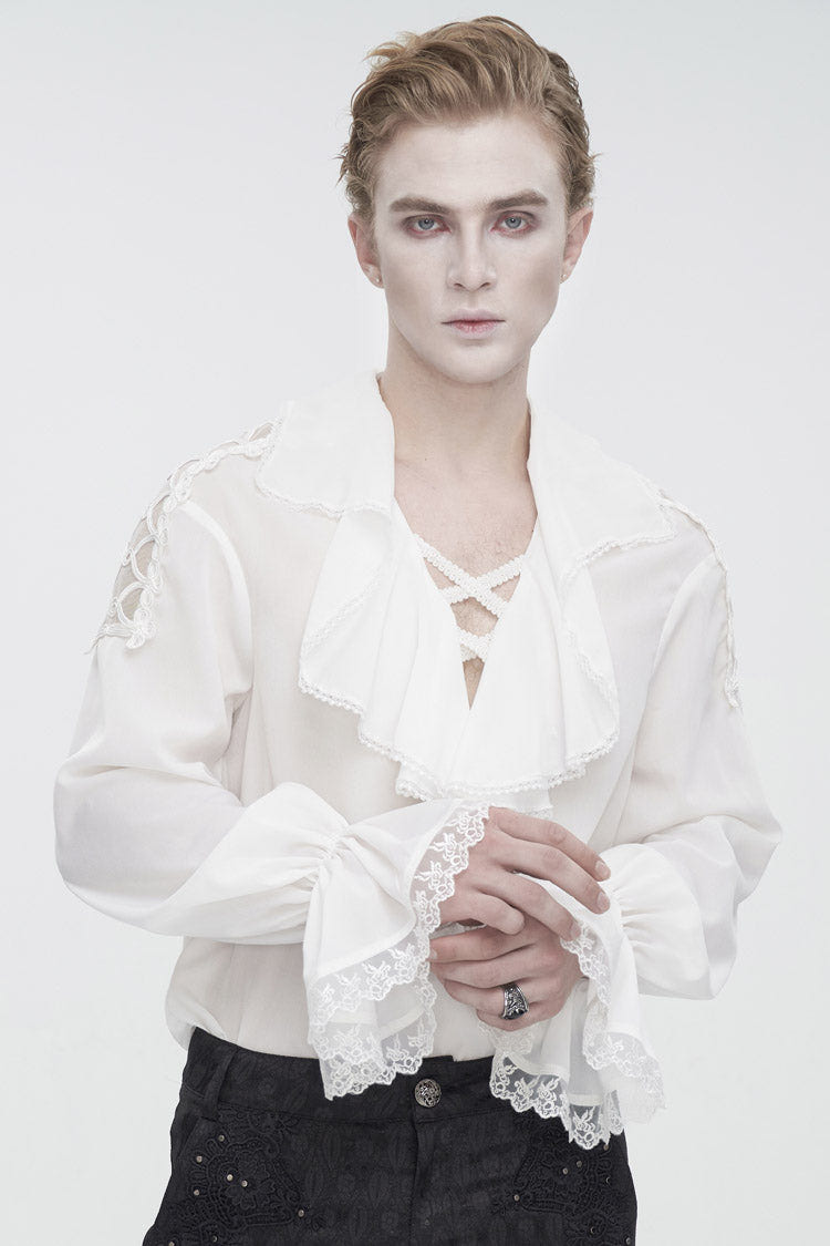 White Ruffled Collar Puff Sleeved Men's Gothic Shirt - Product - 2