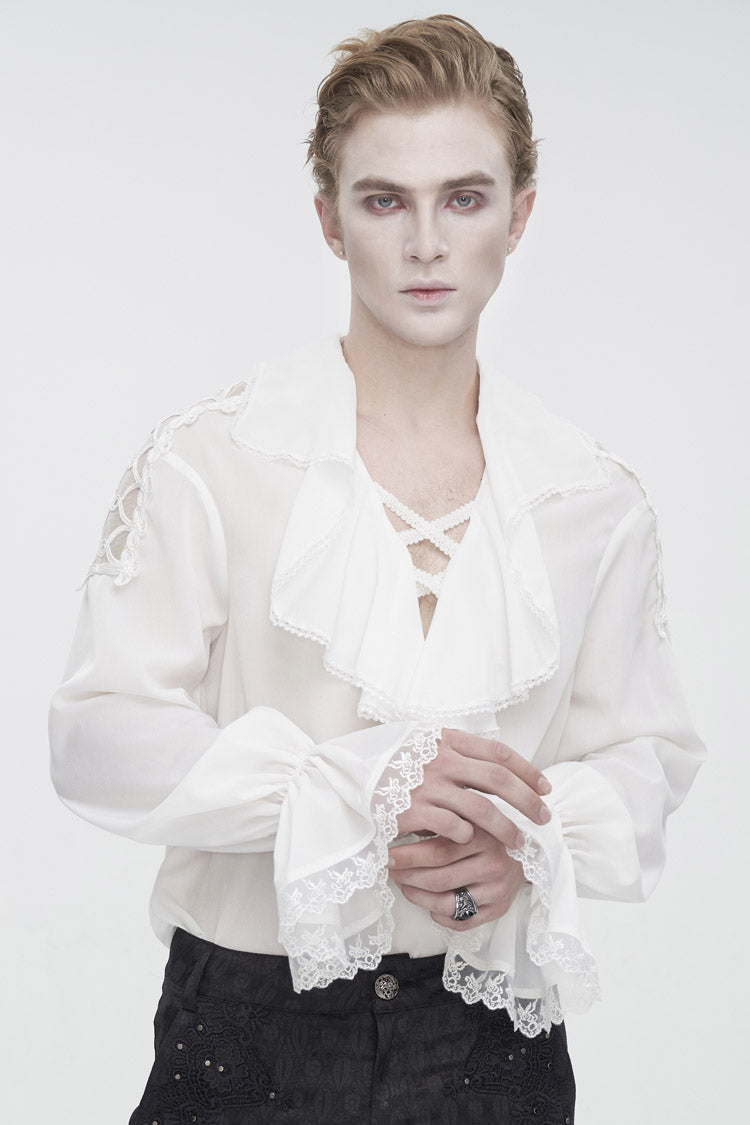 White Ruffled Collar Puff Sleeved Men's Gothic Shirt - Product - 2