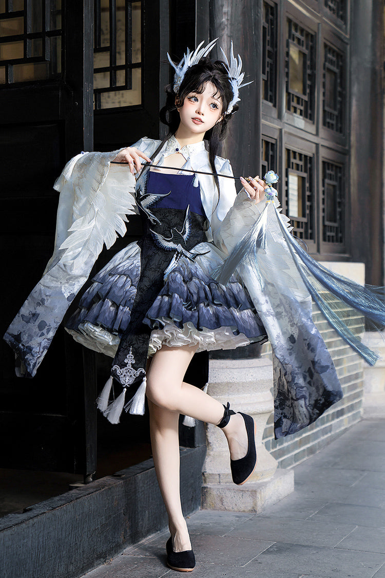 Dark Blue [Feathered Finch] Multi-Layered Print Ruffle Classic Chinese Style Lolita Jsk Dress Set - Product - 7
