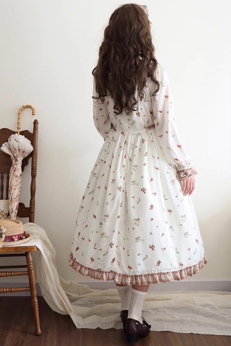 Ivory Round Collar Long Sleeves Print Ruffle Bowknot Sweet Elegant Lolita Dress - Product - 5