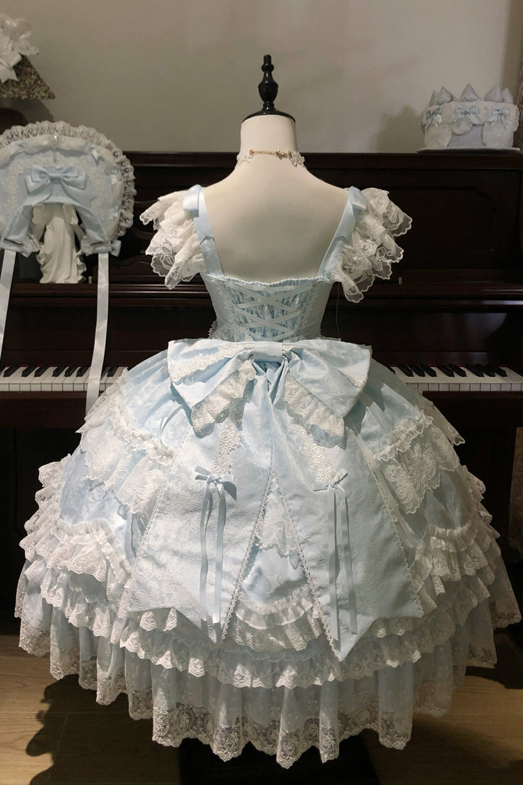 Blue [Eternal Floral Message] Square Collar Sleeveless Multi-Layered Hanayome Embroidered Bow Lace Sweet Lolita Jsk Dress - Product - 4