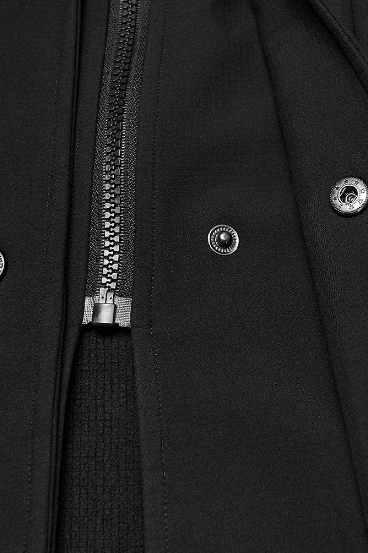 Black Lapel Collar Long Sleeves Hooded Zippered Eyelet Men's Gothic Coat - Product - 6