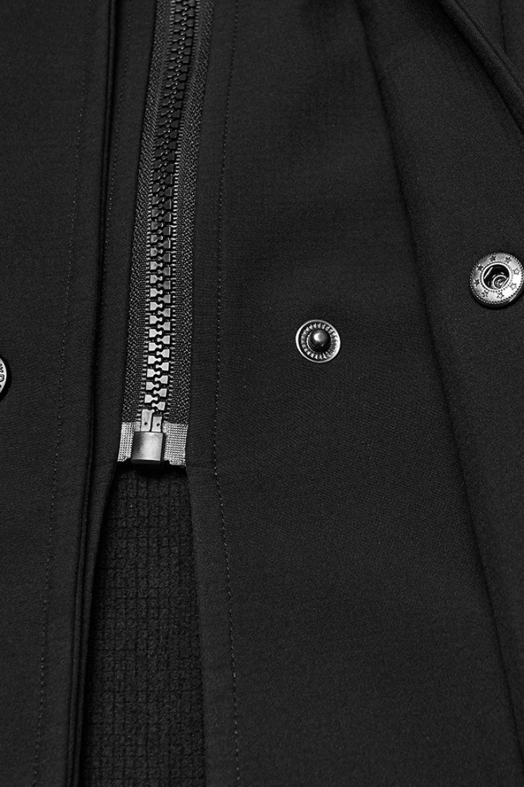 Black Lapel Collar Long Sleeves Hooded Zippered Eyelet Men's Gothic Coat - Product - 6