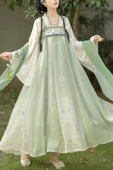Green Trumpet Sleeves High Waisted Print Embroidery Sweet Chinese Style Hanfu Dress Full Set - Green - 1