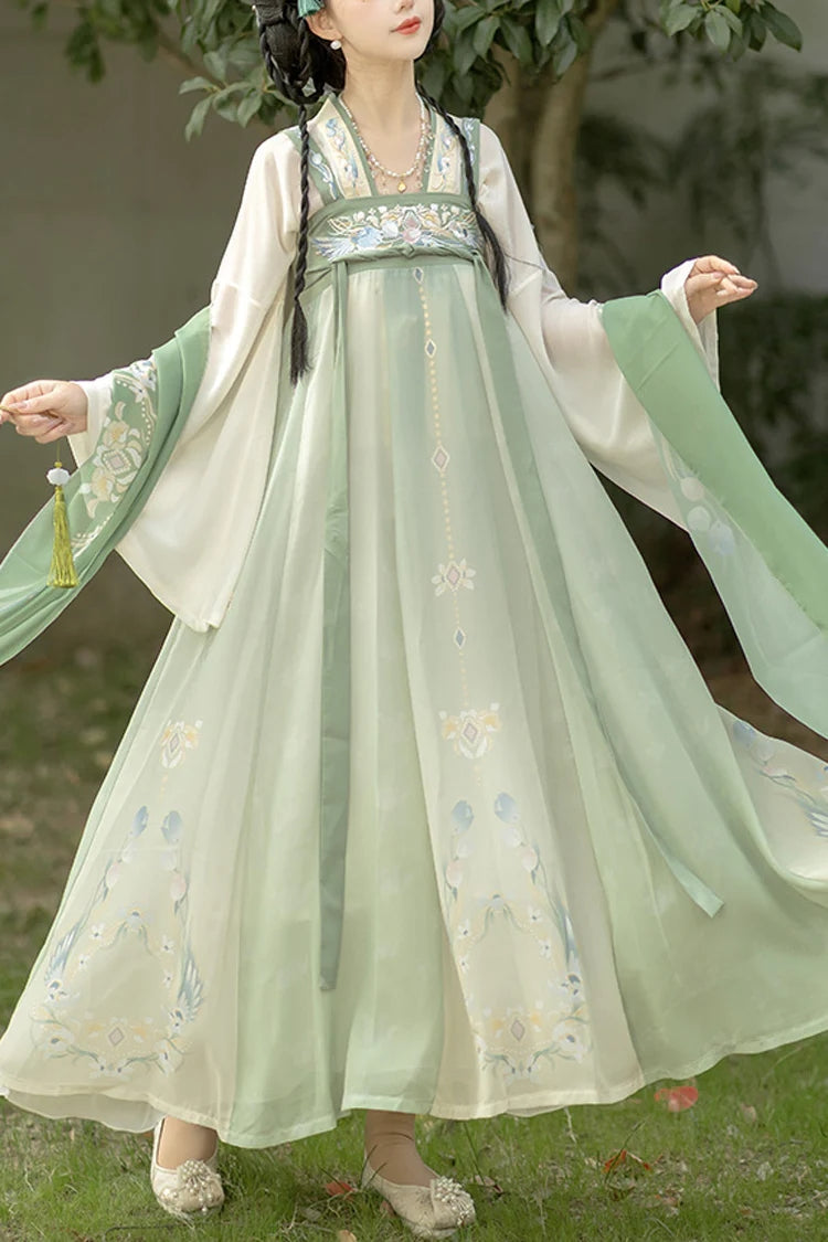 Green Trumpet Sleeves High Waisted Print Embroidery Sweet Chinese Style Hanfu Dress Full Set - Green - 1