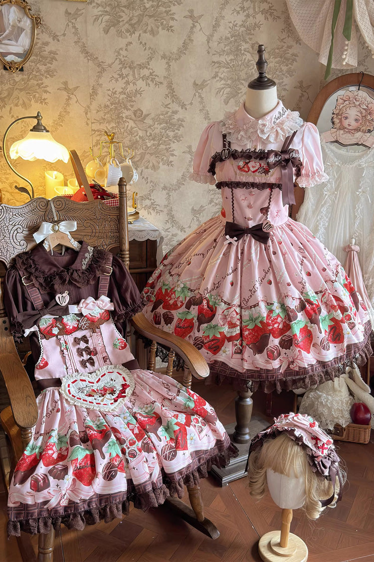 Pink [Strawberry Chocolate Lover] Sleeveless Printed Ruffled Embroidered Bow Lace Sweet Lolita Jsk Dress - Product - 12