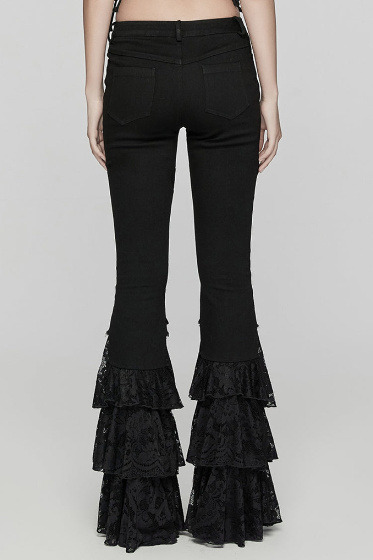 Black Triple-Layered Ruffle Lace-Up Mesh Women's Gothic Pants - Product - 3