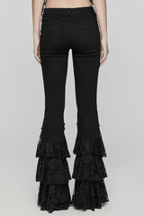 Black Triple-Layered Ruffle Lace-Up Mesh Women's Gothic Pants - Product - 3