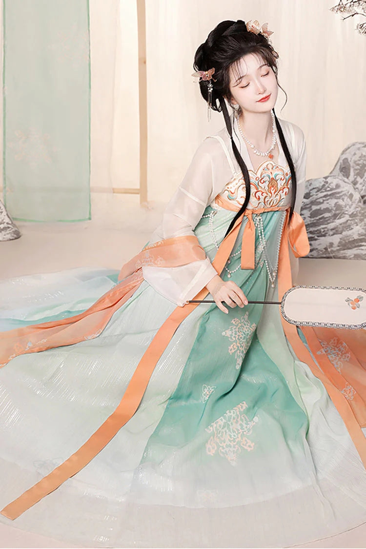 Green Chinese Style <Springtime Greeting> Embroidery High Waisted Long Trumpet Sleeves Hanfu Dress - Product - 4