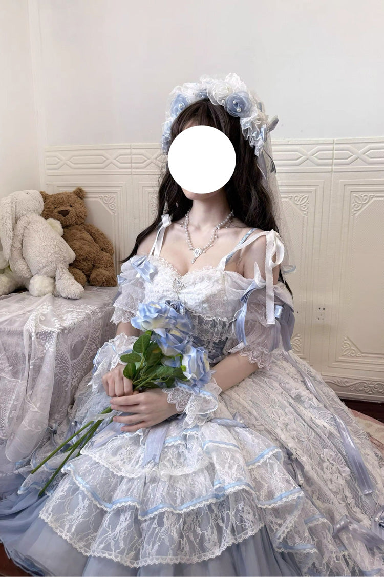 Blue [Diane Rose] Short Sleeves Multi-Layered Jacquard Ruffle Hanayome Cardigan Bowknot Lace Sweet Lolita Dress - Product - 13