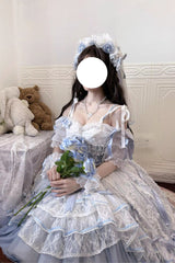 Blue [Diane Rose] Short Sleeves Multi-Layered Jacquard Ruffle Hanayome Cardigan Bowknot Lace Sweet Lolita Dress - Product - 13