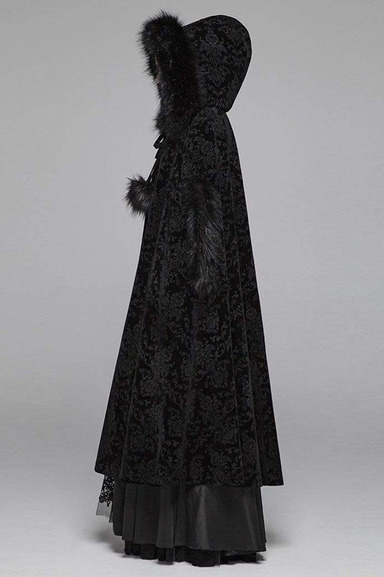 Black Fur Hood Front Fuzzy Ball Bandage Long Women's Gothic Cloak - Product - 3