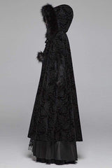 Black Fur Hood Front Fuzzy Ball Bandage Long Women's Gothic Cloak - Product - 3