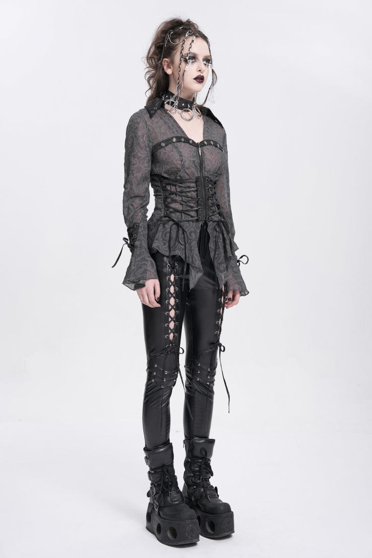 Black Long Sleeves Embroidery Lace-Up Irregular Sheer Women's Gothic Blouse - Product - 9