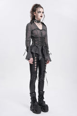 Black Long Sleeves Embroidery Lace-Up Irregular Sheer Women's Gothic Blouse - Product - 9