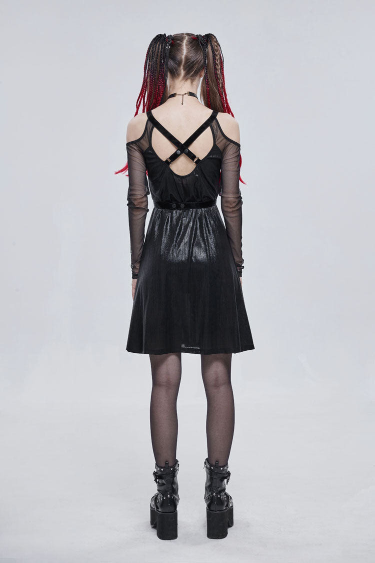 Black Stretch Knit Patchwork Fine Mesh V Neck Cross Tie Metal Pentagram Buckle Strap Women's Punk Dress - Product - 7