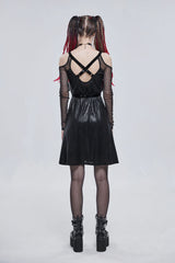 Black Stretch Knit Patchwork Fine Mesh V Neck Cross Tie Metal Pentagram Buckle Strap Women's Punk Dress - Product - 7