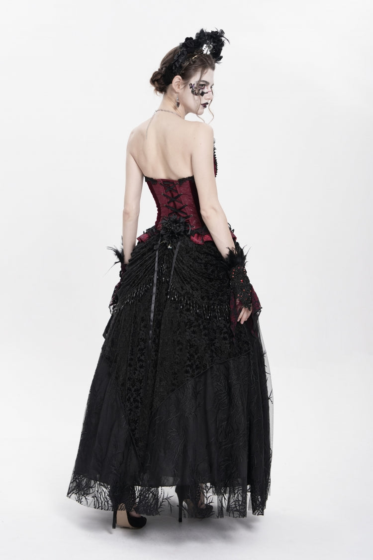 Black Floral Embroidered Beaded Women's Gothic Long Skirt - Product - 10