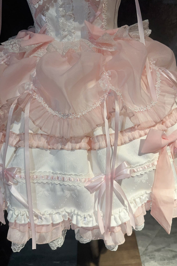 White/Pink Sleeveless Triple-Layered Ruffled Bow Lace Sweet Princess Ballet Lolita Jsk Dress - Product - 7