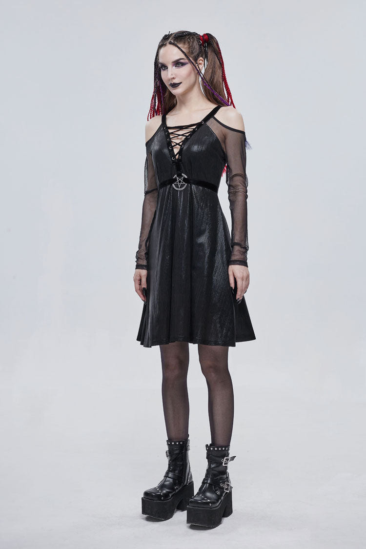 Black Stretch Knit Patchwork Fine Mesh V Neck Cross Tie Metal Pentagram Buckle Strap Women's Punk Dress - Product - 4