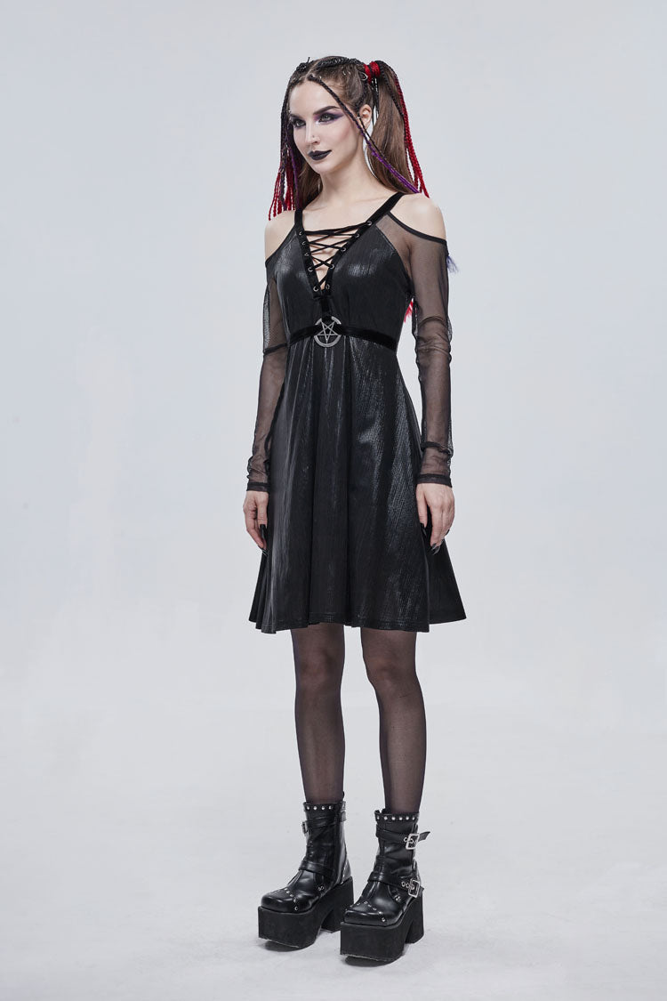 Black Stretch Knit Patchwork Fine Mesh V Neck Cross Tie Metal Pentagram Buckle Strap Women's Punk Dress - Product - 4