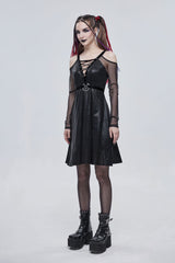 Black Stretch Knit Patchwork Fine Mesh V Neck Cross Tie Metal Pentagram Buckle Strap Women's Punk Dress - Product - 4