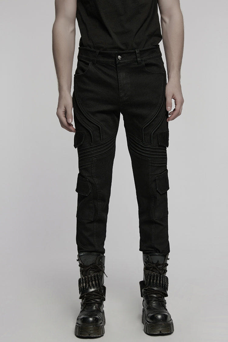 Black Multi-pocket Pleated Men's Punk Denim Pants - Black - 1
