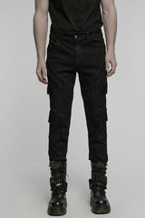 Black Multi-pocket Pleated Men's Punk Denim Pants - Black - 1