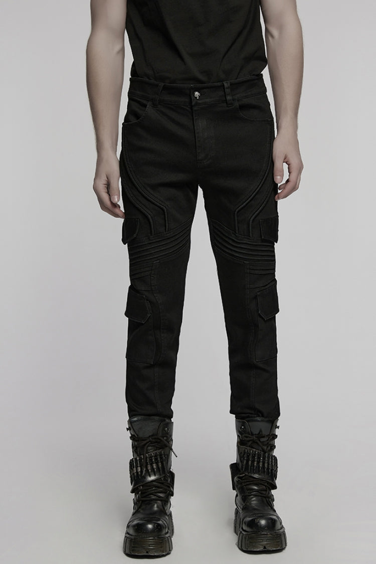 Black Multi-pocket Pleated Men's Punk Denim Pants - Black - 1