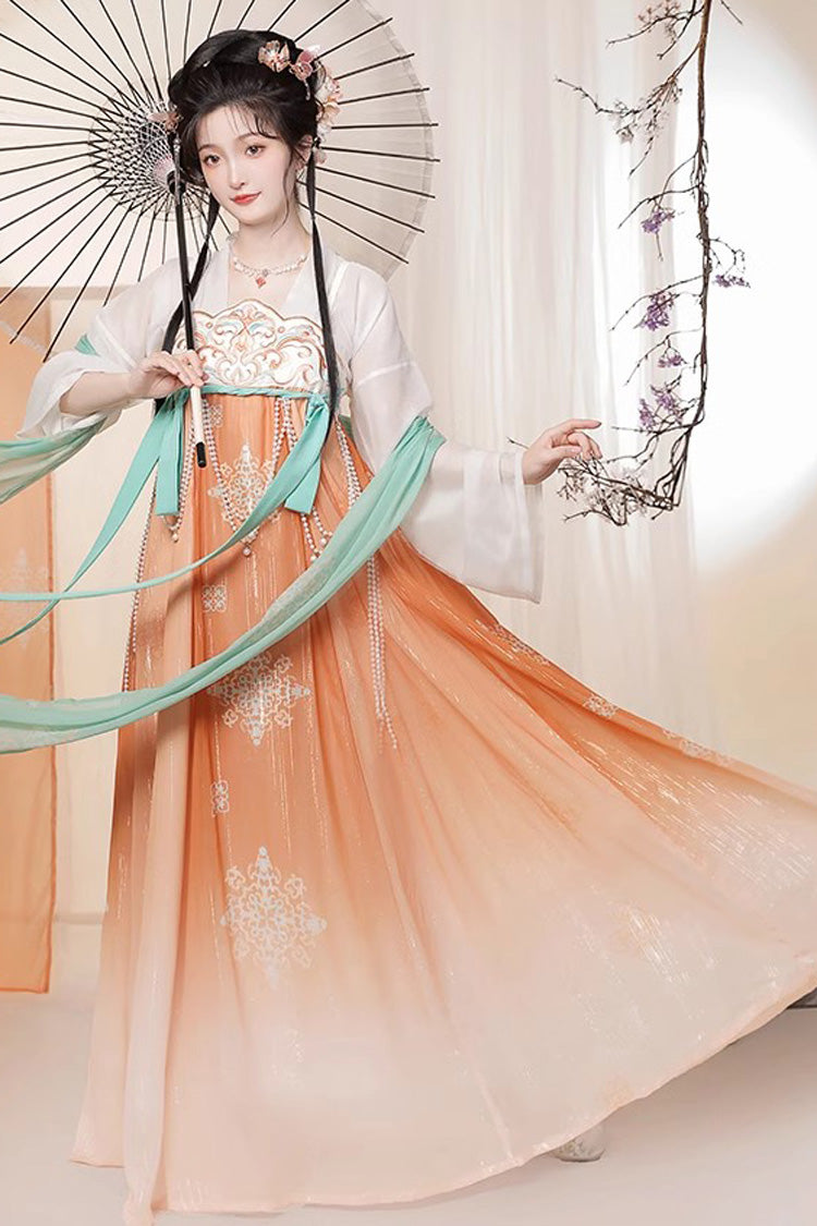 Orange Chinese Style <Springtime Greeting> Embroidery High Waisted Long Trumpet Sleeves Hanfu Dress - Product - 3