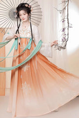 Orange Chinese Style <Springtime Greeting> Embroidery High Waisted Long Trumpet Sleeves Hanfu Dress - Product - 3