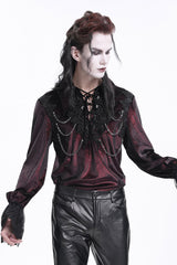 Wine Red V Collar Long Sleeves Lace-Up Chain Men's Gothic Blouse - Product - 2