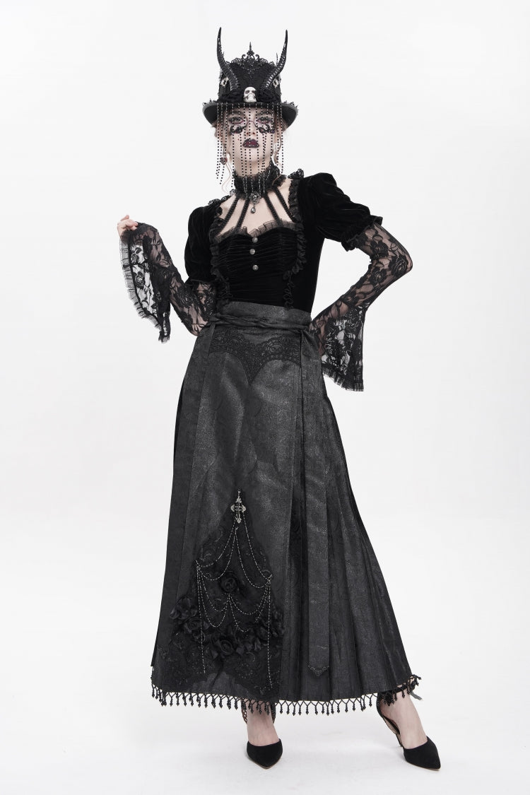 Black Floral Cross Embroidery Chain Women's Gothic Horse-face Long Skirt - Product - 9