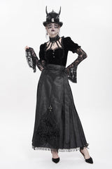 Black Floral Cross Embroidery Chain Women's Gothic Horse-face Long Skirt - Product - 9